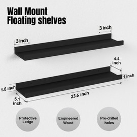 Boswillon Long Floating Shelves, 2 Set Modern Black Wall Shelf for Bedroom, Nursery Book Shelf with Lip, Picture Ledge Shelf for Living Room Bathroom Kitchen - Black,23.6 In