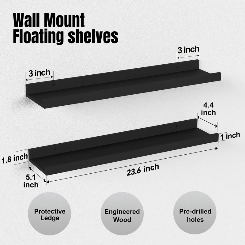Boswillon Long Floating Shelves, 2 Set Modern Black Wall Shelf