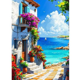 KEYIFA 5D Diamond Painting Kits for Adults Landscape Diamond Art Kit Complete, Seaside House Diamond Painting Set Beginners DIY Full Drill Round Crystal Dots Embroidery Kit Home Wall Decor 30x40cm