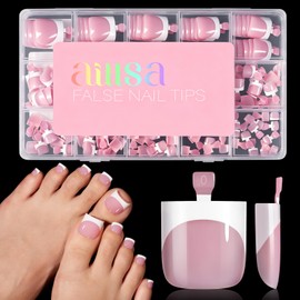 AILLSA French Tip Press On Toe Nails, Berry Pink Sharp Square Full Cover Pre Designed Acrylic Fake Toenails, Toe Nail Tips for Women DIY Pedicure, 15 Sizes 150 Pcs