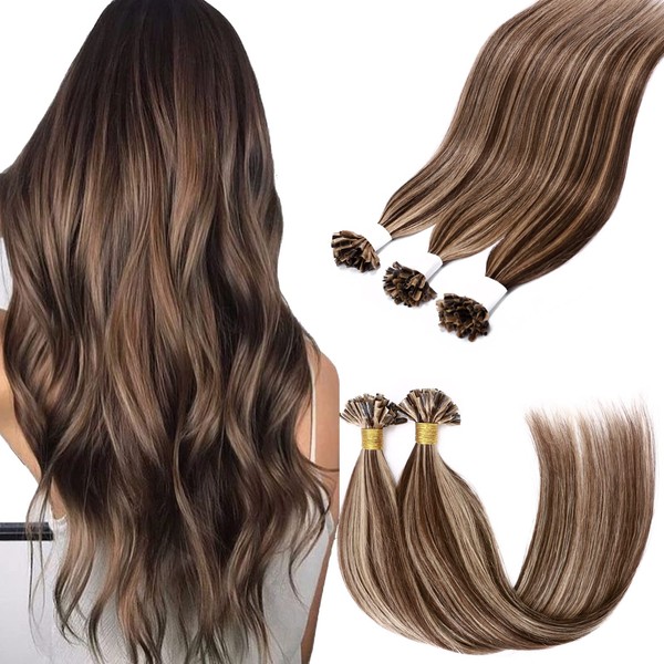S-noilite Keratin Bondings Real Hair Extensions 1 g Real Hair Extensions Bondings U Tips Human Hair Extensions #4/27 Medium Brown/Dark Blonde 60 cm (50 Strands - 50 G)