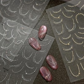 Nail Stickers 3D Line Chain Nail Stickers, Gold Silver Beads French Seal, Self Nail Art Just Stick, Set of 2