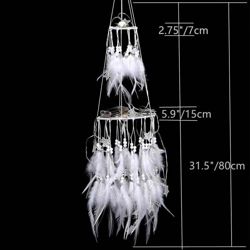 Dremisland Double Circle White Feather Dream Catcher with Mobile LED