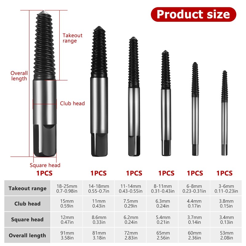 Set of 6 Professional Screw Extractor Set, Left Extractor Set,