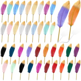 Honoson 40 Pcs Feather Quill Ballpoint Pens Bulk 0.7 mm Ink Feathered Vintage Refined Plated Rod Pen for Writing Guest Signature Office Party Favors (Classic)