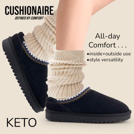 CUSHIONAIRE Keto Womens Slippers- Genuine Suede Cozy & Stylish, Memory Foam & Faux Shearling Winter Slippers for Women BLACK 8.5