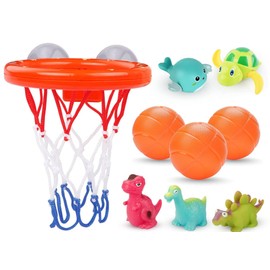 Exciting Bath Toy Set with Colorful Basketball Hoop & 3 Balls, Light-Up Floating Dinosaurs, Wind-Up Whale and Turtle — Ideal for Indoor and Outdoor Play, Ages 3 and Up