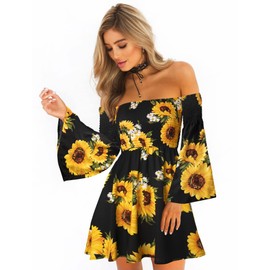 ONEYIM Women's Dress Summer Floral Long Sleeve Off Shoulder Casual Mini Dresses