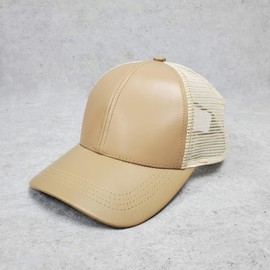 Emstate Genuine Leather Summer Trucker Mesh Cap Hat Snapback Made in USA (Khaki Mid Profile)