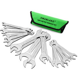 SWANLAKE 19Pcs Super-Thin Open End Wrench Set with Rolling Pouch, CR-V Steel SAE & Metric, 1/4" to 1-1/16" and 5.5mm to 27mm Slim Spanner Wrench Set(19pcs METRIC &SAE)