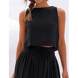 Mywinway Linen Tank Tops for Women 2025 Cotton Summer Sleeveless Cropped Casual Loose Cute Crop Tops,Black,S