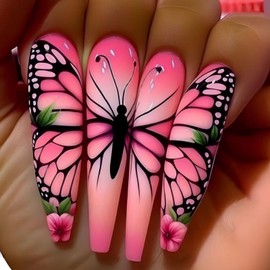 Pink Press on Nails Butterfly Stick on Nails Long Coffin Shaped Glue on Nails Cute Gradient Fake Nails Glossy Artificial Nails Full Cover Acrylic False Nails Reusabke Nails Kit for Women Girl 24Pcs