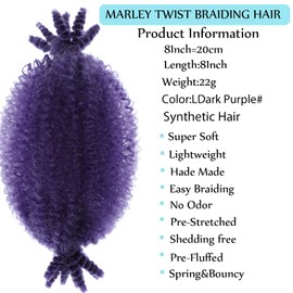 Dark Purple Springy Afro Twist Hair 3 Packs Marley Twist Braiding Hair 8 Inch Short Marley Hair for Women Wrapping Hair for Soft Locs Passion Hair Extensions (Dark Pure, 8 Inch (Pack of 3))