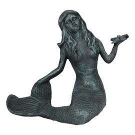 Ebros Gift 11.5" Tall Cast Iron Large Nautical Siren Mermaid Holding Starfish Vintage Statue Ocean Goddess Princess Coastal Beach Under The Sea Mermaids Decorative Accent (Verdigris Green)