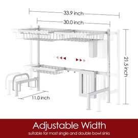 Sakugi Dish Drying Rack - Large Over The Sink Dish Drainer Drying Rack (30.0" to 33.9" W), Large Capacity Stainless Steel Dish Rack, Multifunctional Kitchen Organizers and Storage Rack, White
