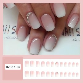 24Pcs Short Press on Nails Coffin Shape Fake Nails Square False Nails with Pink-White Gradient Designs Glossy Stick on Nails Acrylic Nails Full Cover Artificial Nails Glue on Nails for Women Girls