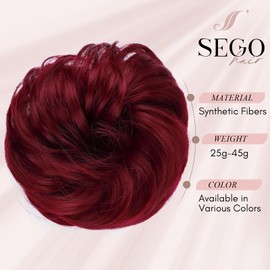 SEGOHAIR Messy Bun Hair Piece Fake Hair Bun Hair Scrunchies Bun - Lightweight 35g Synthetic Hair Bun Piece for Women, Burgundy Red Curly Wavy Elastic updo Scrunchy Bun