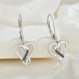 TIMFROZ Heart Earrings 925 Sterling Silver Heart Leverback Dangle Drop Earrings with 5A Black Cubic Zirconia For Women Birthday Christamas Jewelry Gift