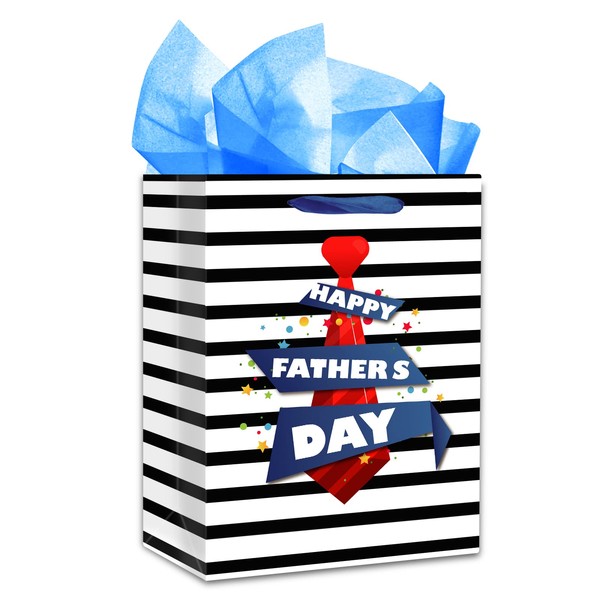 WaaHome Happy Fathers Day Gift Bag with Handle 11.5''x9''x5'' Medium Fathers Day Gift Bags with Tissue Paper, Father Day Gift Bags for Dad Daddy from Daughter Son Kids