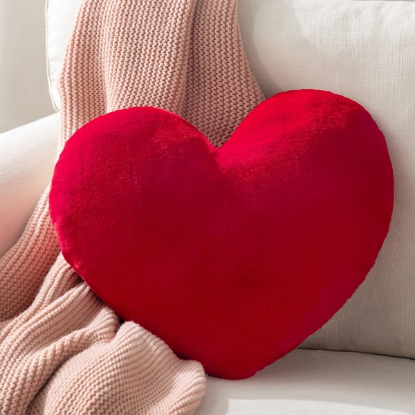 Ashler Red Heart Shaped Throw Pillows, Faux Fur Rabbit 3D Fluffy Heart Throw Decorative Pillows, Cute Plush Soft Throw Pillows Gift for Kids Living Room and Sofa 15 X 17 Inch