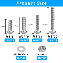 1200 Piece M3 Screw Set, Screw Set, Pan Head Screws Nuts Set, Machine Screws and Nuts and Washers Assortment Set, Phillips Screws Thread Screws Set