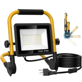 70W LED Work Light, Foldable Portable floodlight, 16.4-Foot (5-Meter) Switch Cable, 1000LM with Plug Light, IP66 Waterproof, with Bracket, Suitable for workshops, Construction Sites, Camping, garages