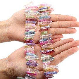 mookaitedecor 15 Inch Titanium Coated Quartz Crystal Dots, Strand Loose Crystal Beads Natural Quartz Stone Sticks Spikes Drilled for DIY Decoration Jewellery Making, Stone, Crystal