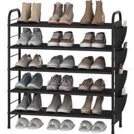 SUOERNUO Shoe Rack Storage Organizer Free Standing Metal Shoe Shelf Compact Shoe Organizer with Side Bag for Entryway Closet Bedroom 3 / 4/ 5 / 6 Tier - Color: 5 Tier-Bronze
