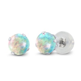 Gem Stone King 1.00 Ct Round Cabochon 5mm White Simulated Opal 10K White Gold Stud Earrings For Women Men