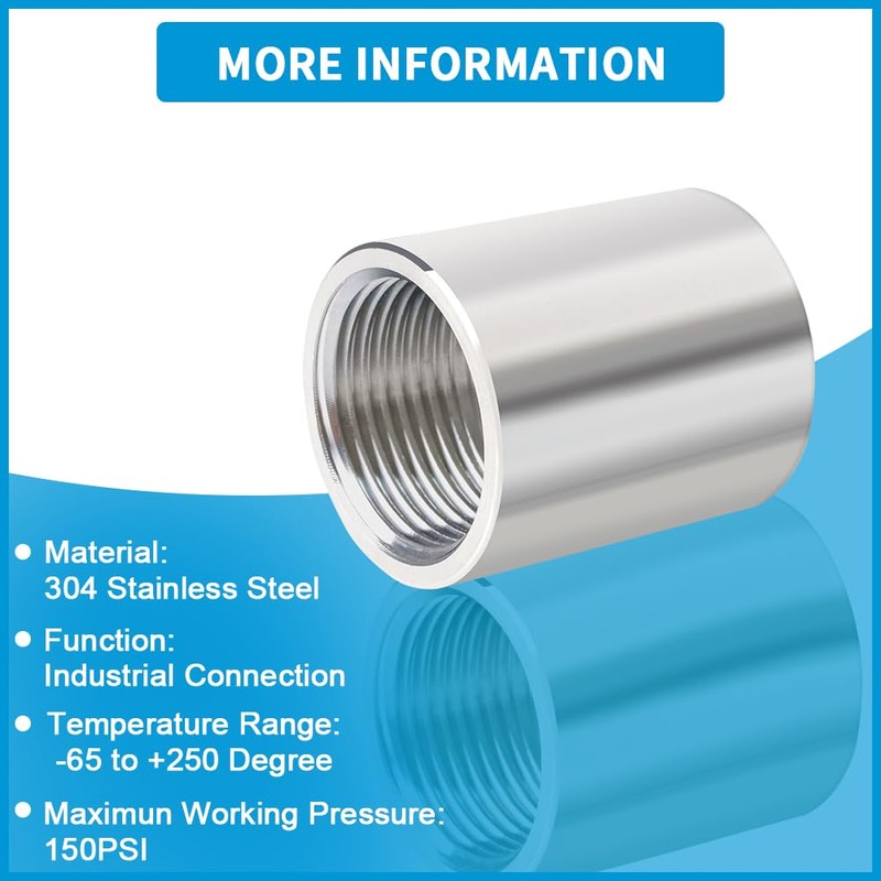 Quickun 304 Stainless Steel Pipe Coupling Fitting, 1/2" x 1/2"