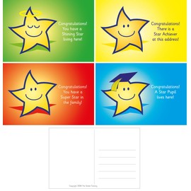The Sticker Factory OP-10052 32 A6 Star reward postcards: mixed captions: 8 each of 4 designs,blue|green|orange|yellow|white