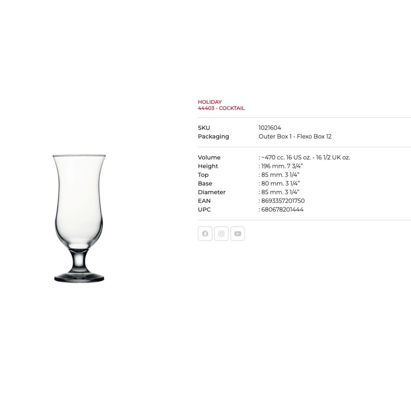 Pasabahce 12 Pack Hurricane Glass 16 oz Pina Colada Glasses