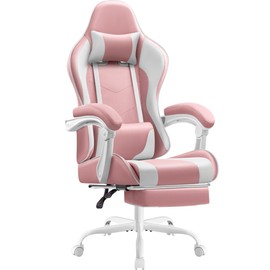 Shahoo Gaming Chair with Footrest and Massage Lumbar Support, Video Racing Seat Height Adjustable with 360°Swivel and Headrest for Office or Bedroom, Pink