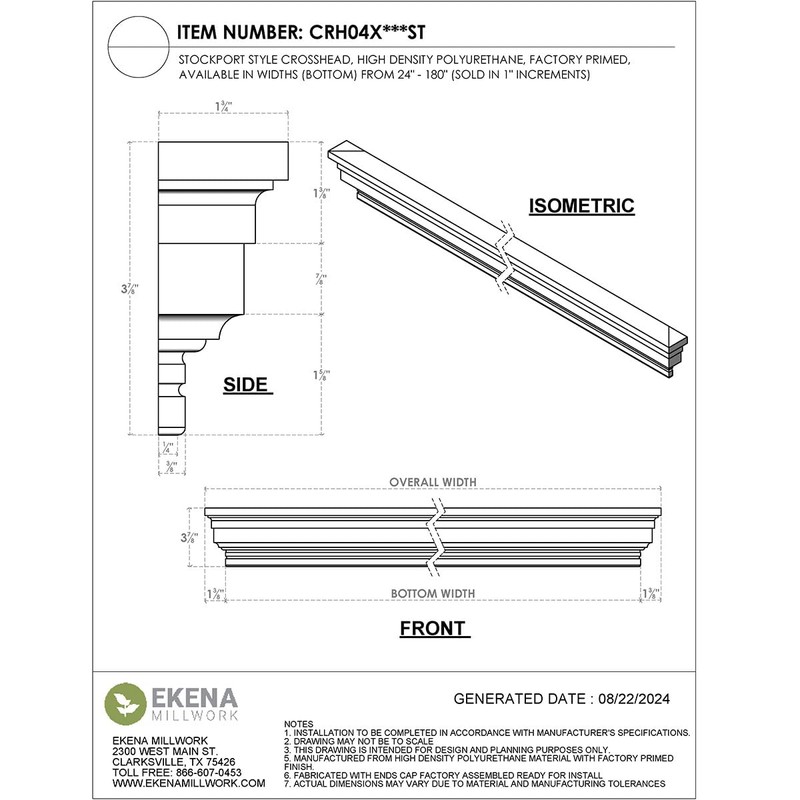 Ekena Millwork CRH04X36ST Crosshead, 36" Bottom Width x 38 1/2"