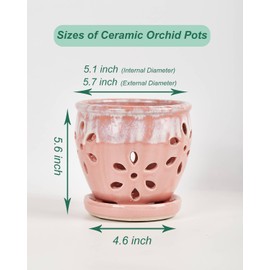 vensovo 5 Inch Ceramic Orchid Pots with Holes and Saucers - 1 Pcs Small Ceramic Orchid Planter Pots for Repotting, Plant Garden Pots for Orchid Indoor and Outdoor Promotes Air Circulation, Pink