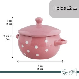 Servette Home Soup Bowls with Handles and Lids Ceramic Polka Dot Set of 2 Pink