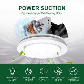 Akicon Exhaust Fan Light with Dimmer Switch, 90 CFM, 1.5 Sones Bathroom Exhaust Fan, 15W Dimmable 3CCT LED Light with 5W Night Light Ventilation fan for Bathroom and Home, Round, Sliver