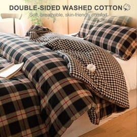 hadamick 100% Cotton Comforter Set King Size – Reversible Yarn-Dyed Checkered Design, Soft Washed Cotton on Both Sides, Lightweight All-Season Bedding, Machine Washable(Black Red Plaid, 104”x90”)