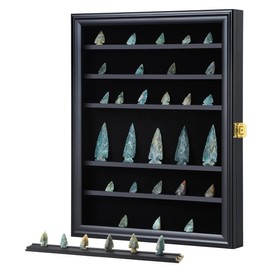 KCRasan Arrowhead Display Case Native American Arrowhead Shadow Box Wall Mount Arrowhead Collection Display Cabinet with Uv Protection for Agate Opal Crystal Stone Arrowheads Spear Points Rocks Black