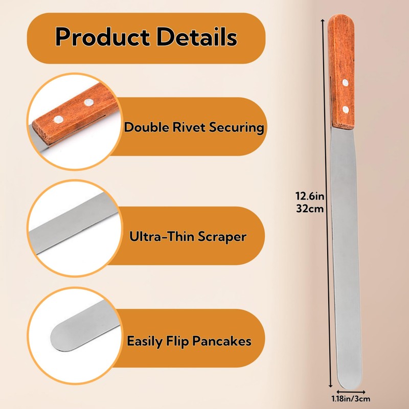 3 Pack Crepe Spreader and Spatula Kit, 12" Wooden Handle