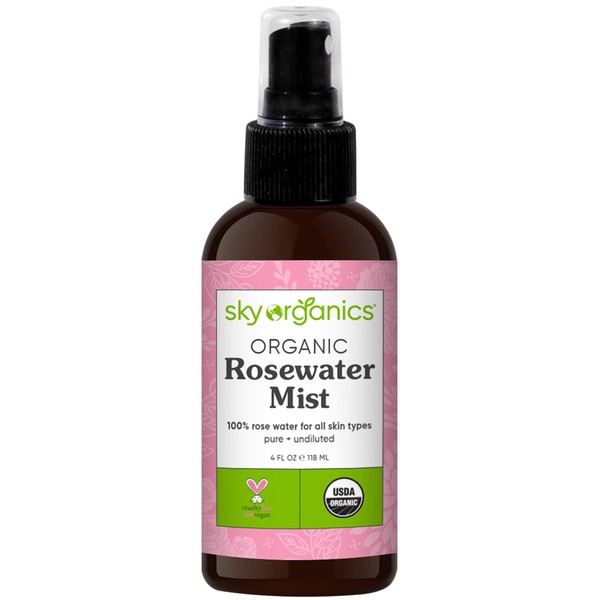 Sky Organics Organic Rosewater Facial Mist for Face, 100% Pure & Steam-Distilled USDA Certified to Hydrate, Balance & Refresh, 4 fl. Oz
