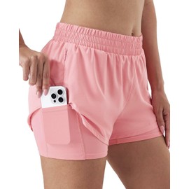 Hanyomo Women's 2-in-1 Running Shorts Yoga Fitness Bodybuilding High Waist Sports Shorts with Inner Shorts Zip Pockets, pink, S