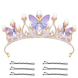 KINBOM Butterfly Crown for Girls, Princess Purple Crown Exquisite Princess Tiara with Pearls Butterfly Headband for Halloween Christmas Birthday Cosplay Costumes