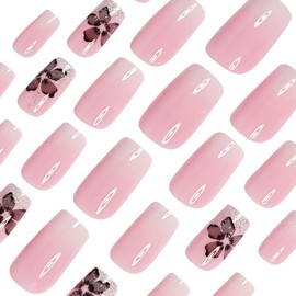 Press on Nails Square Fake Nails Full Cover Pink White Gradient Acrylic Nails with Glitter designs Cute False Nails Black Floral Stick on Nails Gel Glue on Nails for Women 24pcs