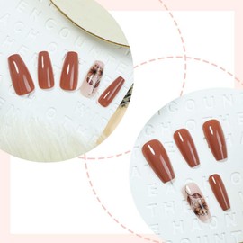 Medium Press On Nails Coffin Fake Nails Brown False Nails With Flower Design Floral Acrylic Nails Full Cover Artificial Nails Reusable Glue On Nails Stick On Nails For Women Manicure Art 24pcs