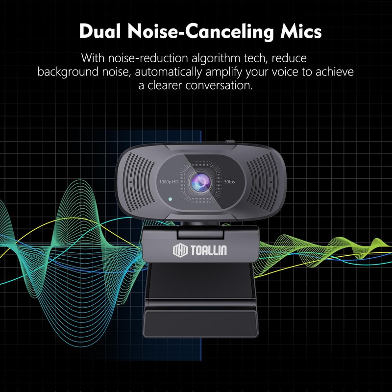 TOALLIN 1080P Full HD Webcam with Dual Microphones, Computer Web