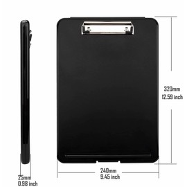 TKD8052-Black-1X A4 Clipboard with Storage Compartment, Portable Form Holder with Storage Box, Portable Writing Board, Storage Case for School, Home, Office, Builder Factory, Black