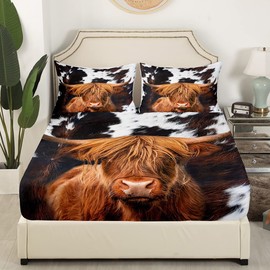 Homewish Highland Cattle Fitted Sheet Twin,Cow Fur Bedding Set 2pcs for Kids Teens Adult Room Decor,Farmhouse Animals Cowhide Bed Cover Black White Brown Rustic Bed Sheet Set with 1 Pillowcase