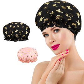 Shower Cap Double Layer Bath Caps Reusable Shower Caps Elastic Band Waterproof Bath Caps for Women Girls Men Spa Shower Salon (Black)