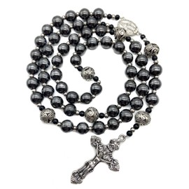Nazareth Store Hematite Rosary Black Stone Beads Necklace Metal Beaded Miraculous Medal & Cross Rosary For Men and Womens NS